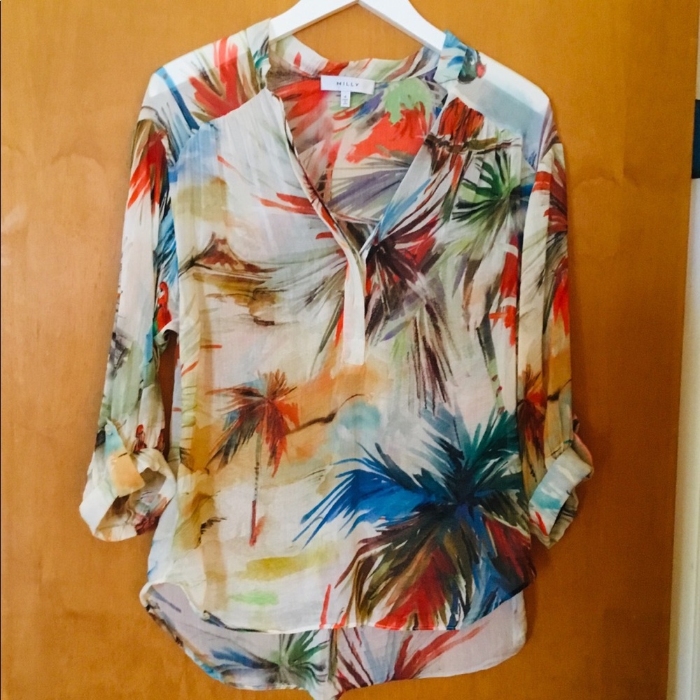 MILLY Tropical Watercolor Silk Chiffon Blouse